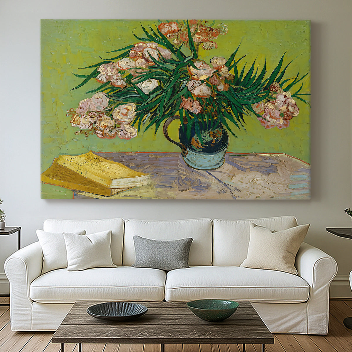 Canvas art print detailing a stylized arrangement emphasizing color and texture, centered above a sofa as a large focal wall piece