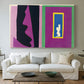 Canvas art print detailing an abstract composition emphasizing movement and form, centered above a sofa as a large focal wall piece