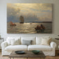 Canvas art print detailing a scenic waterfront view with gentle sky and shoreline, centered above a sofa as a large focal wall piece