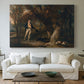 Canvas art print detailing a detailed outdoor scene of man with dogs, centered above a sofa as a large focal wall piece