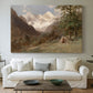 Canvas art print detailing a realistic depiction of remote mountain environment, centered above a sofa as a large focal wall piece