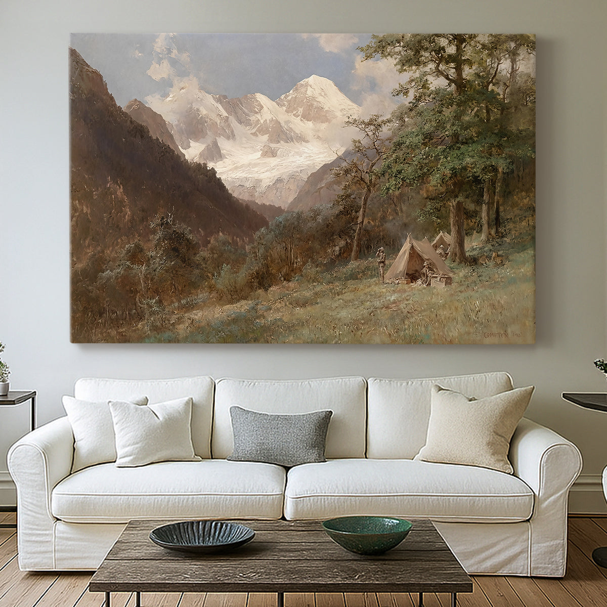 Canvas art print detailing a realistic depiction of remote mountain environment, centered above a sofa as a large focal wall piece