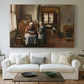 Canvas art print detailing a rustic interior with figures arranged around food, centered above a sofa as a large focal wall piece
