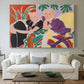 Canvas art print detailing a stylized depiction of a conversation in a colorful room, centered above a sofa as a large focal wall piece