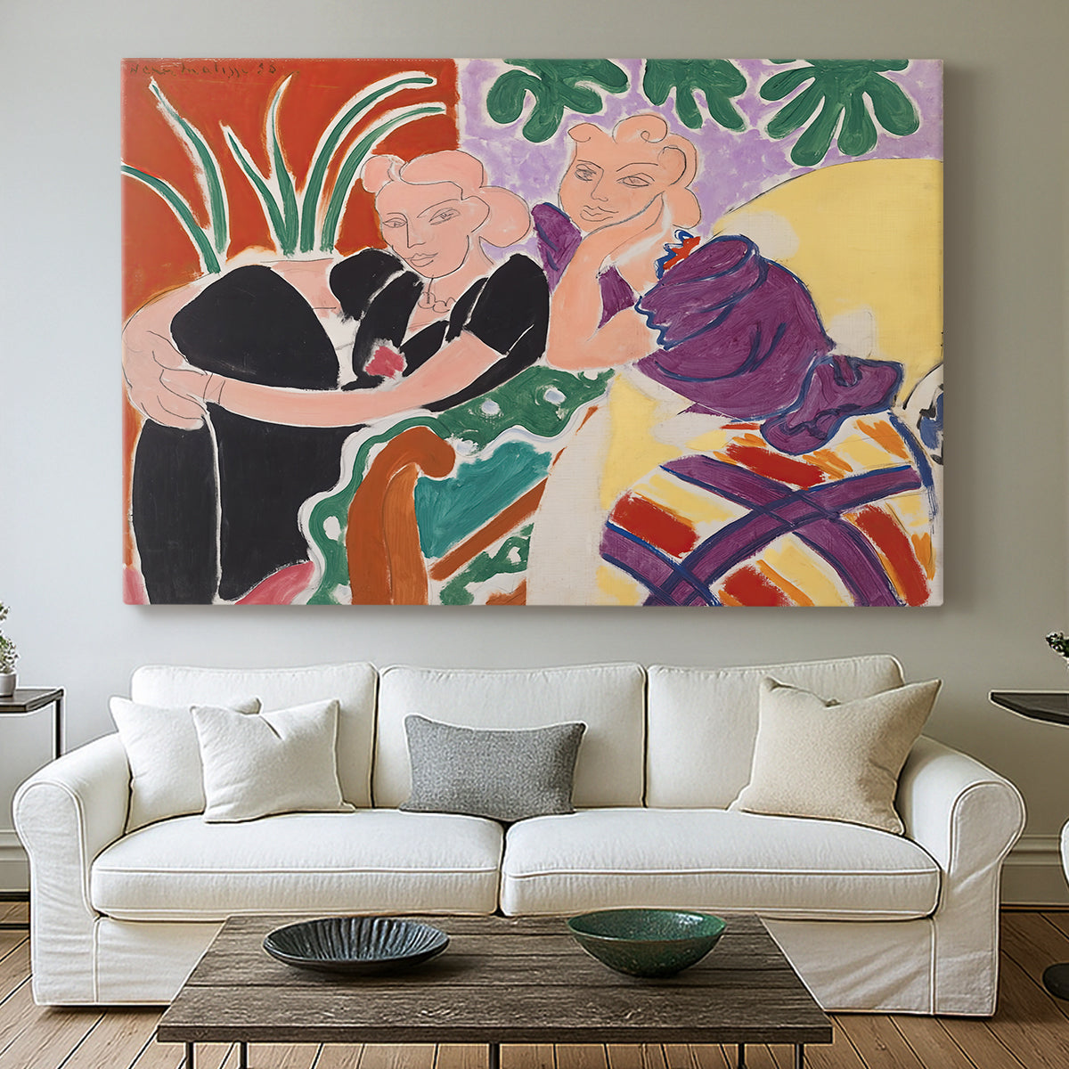 Canvas art print detailing a stylized depiction of a conversation in a colorful room, centered above a sofa as a large focal wall piece
