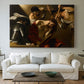 Canvas art print detailing an intense religious composition with strong shadow and physical struggle, centered above a sofa as a large focal wall piece