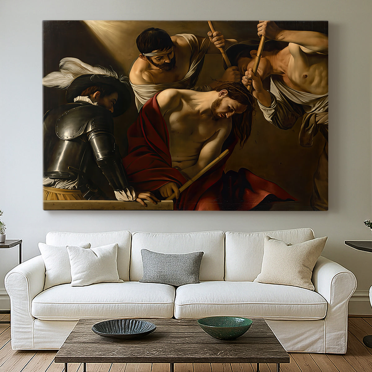 Canvas art print detailing an intense religious composition with strong shadow and physical struggle, centered above a sofa as a large focal wall piece
