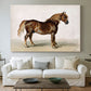 Canvas art print detailing a minimal portrait of horse with focus on form, centered above a sofa as a large focal wall piece