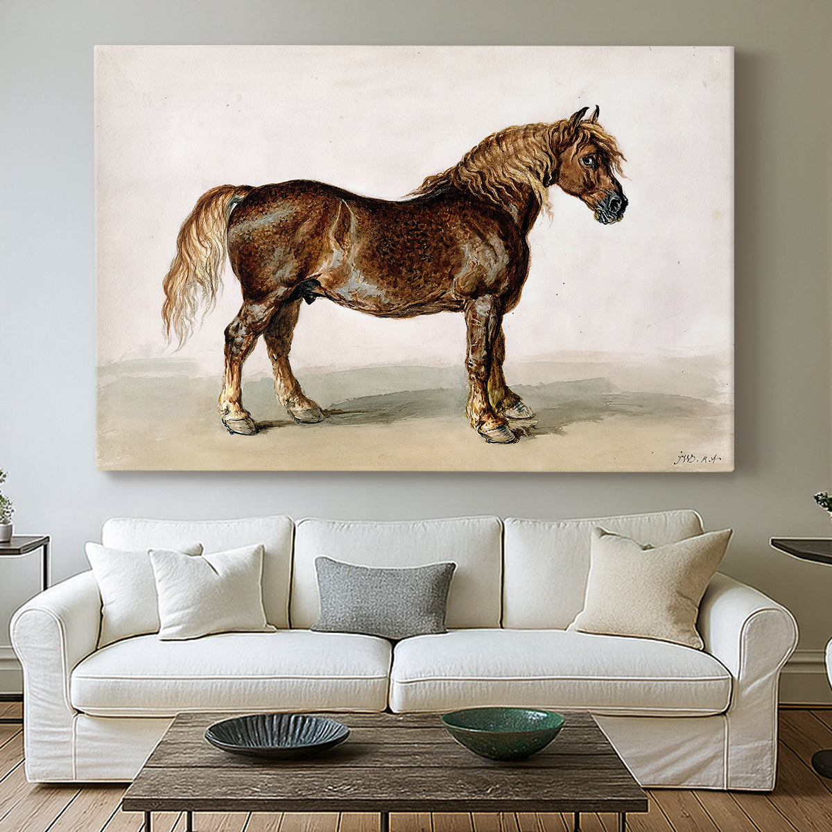 Canvas art print detailing a minimal portrait of horse with focus on form, centered above a sofa as a large focal wall piece