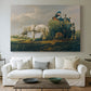 Canvas art print detailing an agricultural composition, centered above a sofa as a large focal wall piece