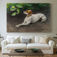 Canvas art print detailing a calm scene of dog reclining in open landscape, centered above a sofa as a large focal wall piece
