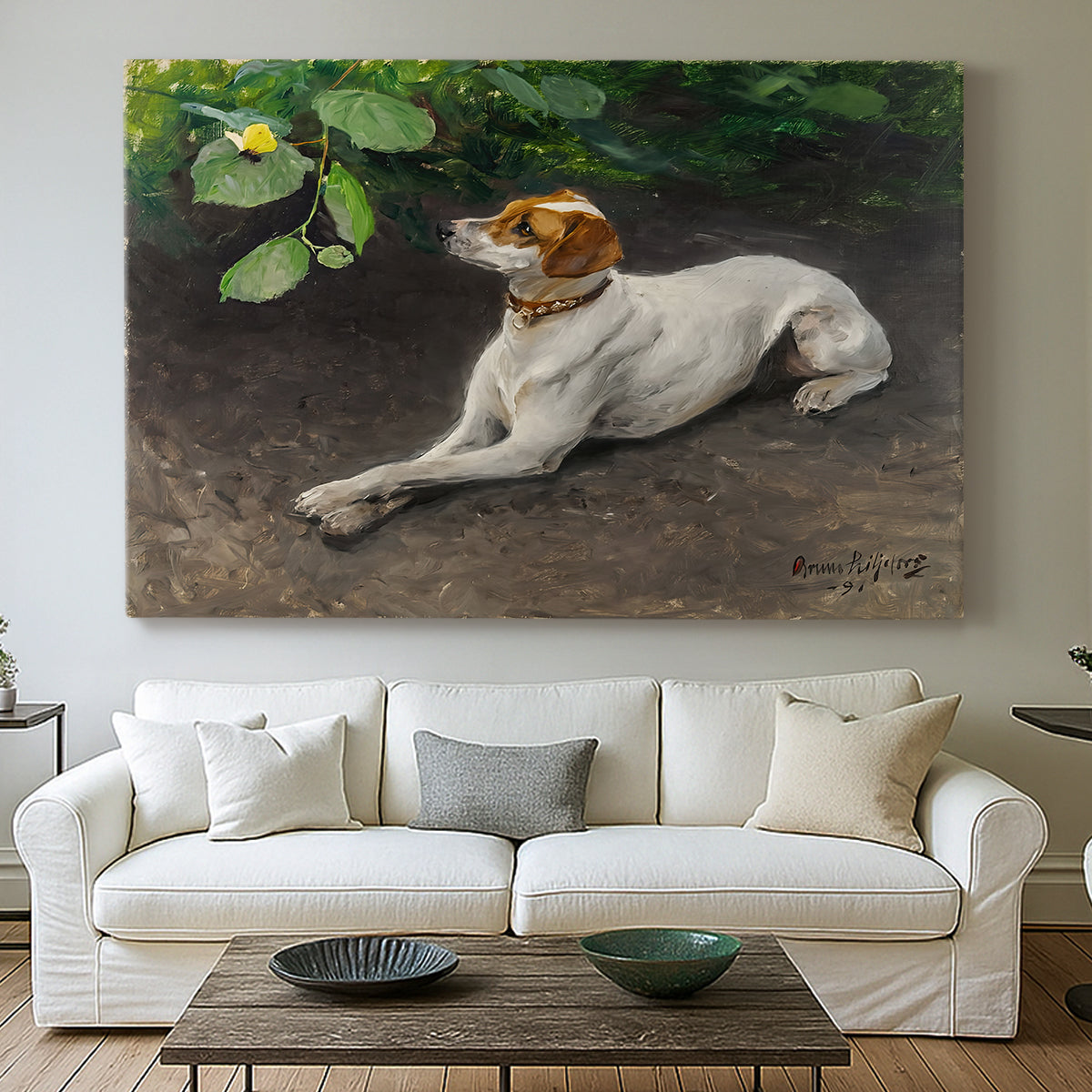 Canvas art print detailing a calm scene of dog reclining in open landscape, centered above a sofa as a large focal wall piece