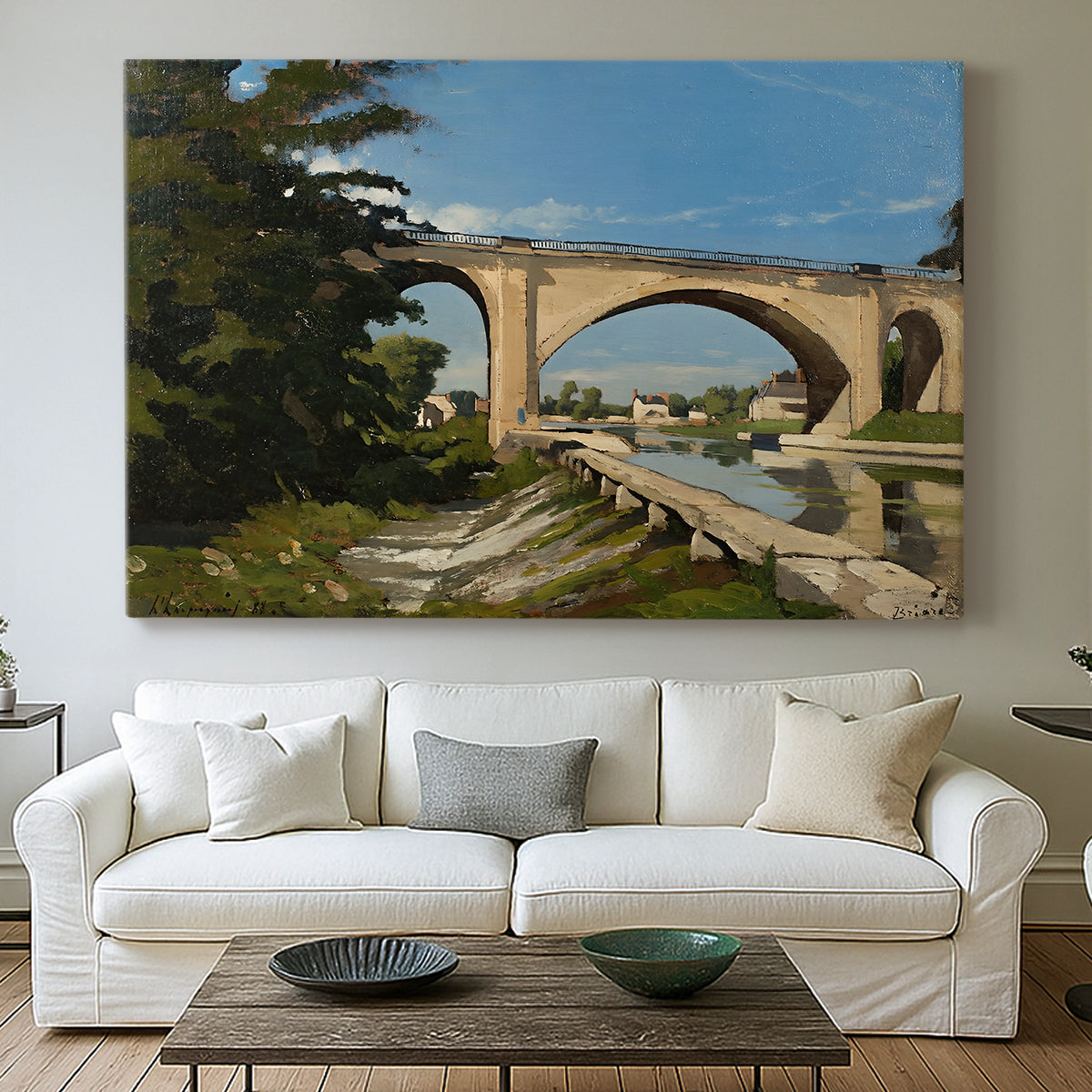 Canvas art print detailing an industrial structure integrated into natural landscape, centered above a sofa as a large focal wall piece