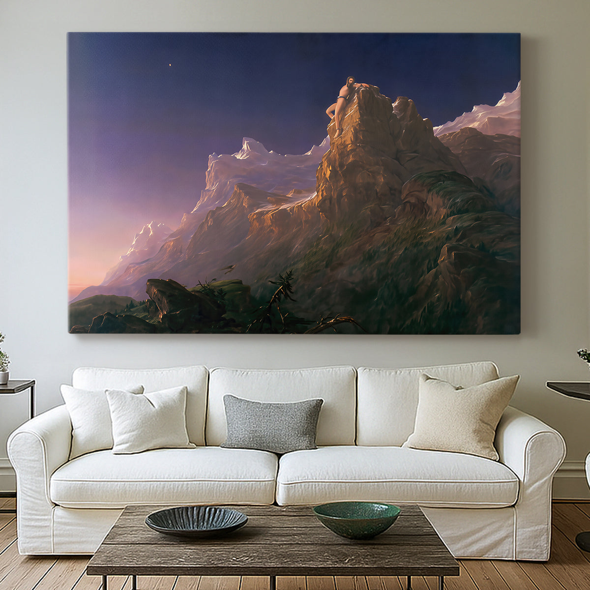 Canvas art print detailing a narrative landscape emphasizing isolation and scale, centered above a sofa as a large focal wall piece