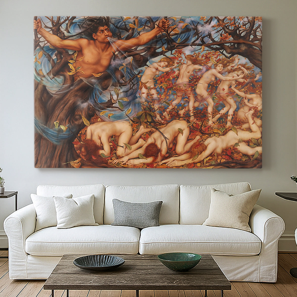 Canvas art print detailing a symbolic representation of motion and seasonal change, centered above a sofa as a large focal wall piece