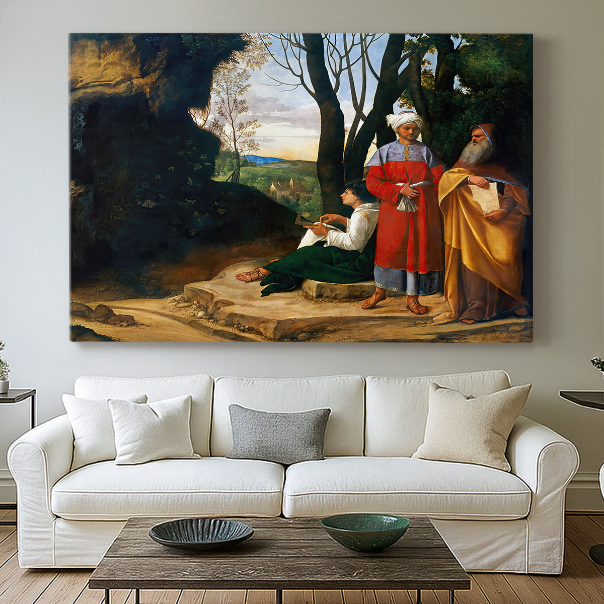 Canvas art print detailing a classical composition of thinkers gathered in outdoor environment, centered above a sofa as a large focal wall piece