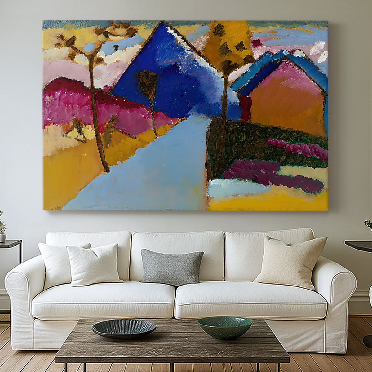 Canvas art print detailing a stylized street perspective with geometric simplification, centered above a sofa as a large focal wall piece