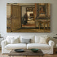 Canvas art print detailing an interior view with figure in calm, ordered environment, centered above a sofa as a large focal wall piece