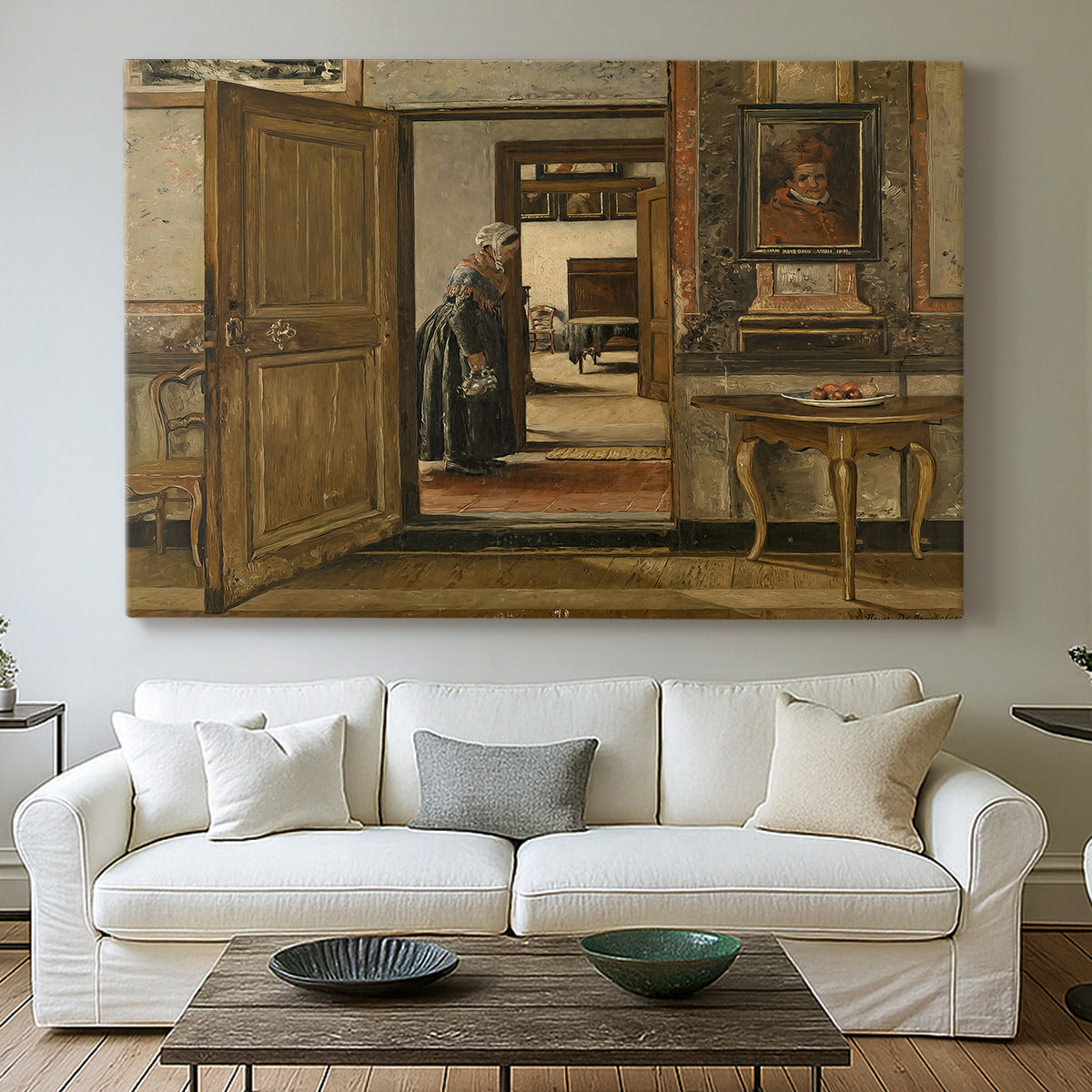 Canvas art print detailing an interior view with figure in calm, ordered environment, centered above a sofa as a large focal wall piece