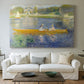 Canvas art print detailing a leisure scene of figures in a small rowboat on tranquil water, centered above a sofa as a large focal wall piece