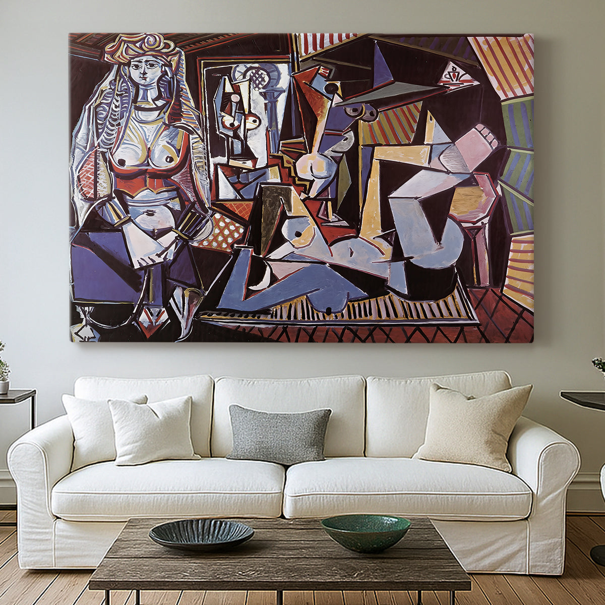 Canvas art print detailing a stylized interior with bold shapes, centered above a sofa as a large focal wall piece