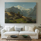 Canvas art print detailing an expansive Nordic view with shoreline and distant mountains, centered above a sofa as a large focal wall piece