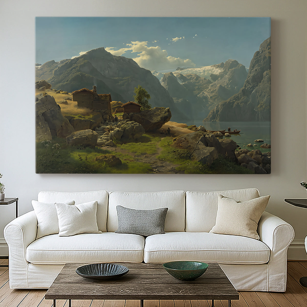 Canvas art print detailing an expansive Nordic view with shoreline and distant mountains, centered above a sofa as a large focal wall piece