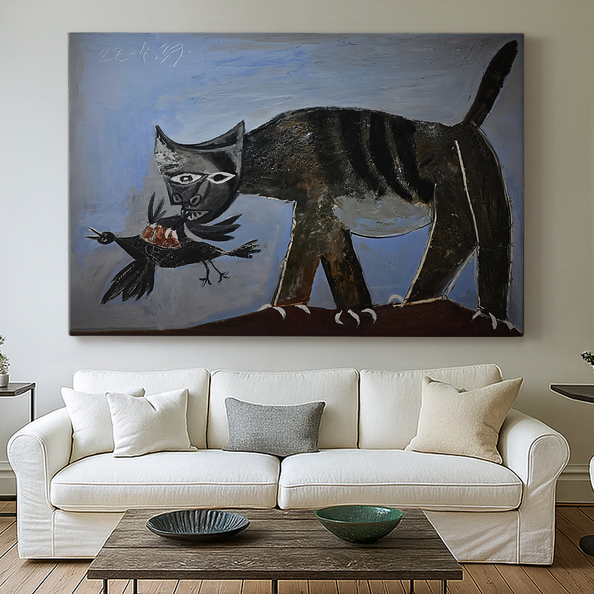 Canvas art print detailing a cubist depiction of motion, centered above a sofa as a large focal wall piece
