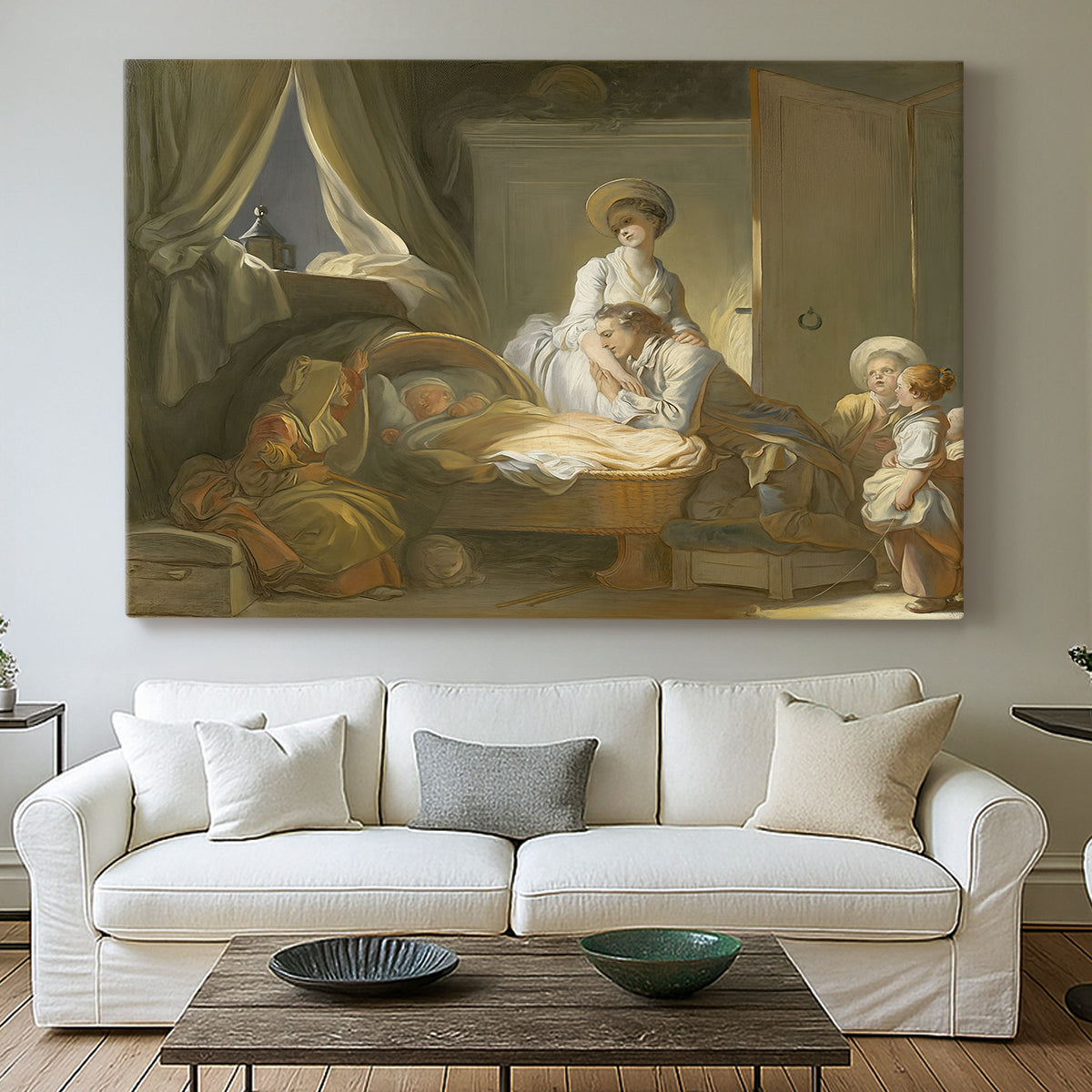 Canvas art print detailing a narrative composition with figures in intimate interior, centered above a sofa as a large focal wall piece