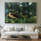 Canvas art print detailing a dreamlike setting with reclining woman in dense greenery, centered above a sofa as a large focal wall piece