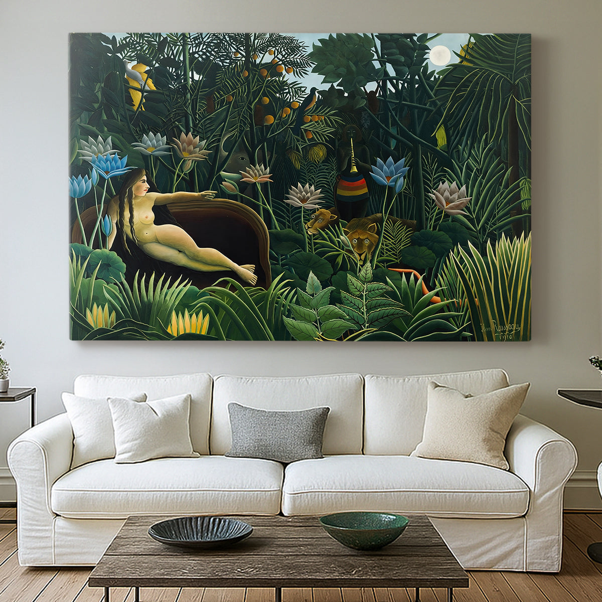 Canvas art print detailing a dreamlike setting with reclining woman in dense greenery, centered above a sofa as a large focal wall piece
