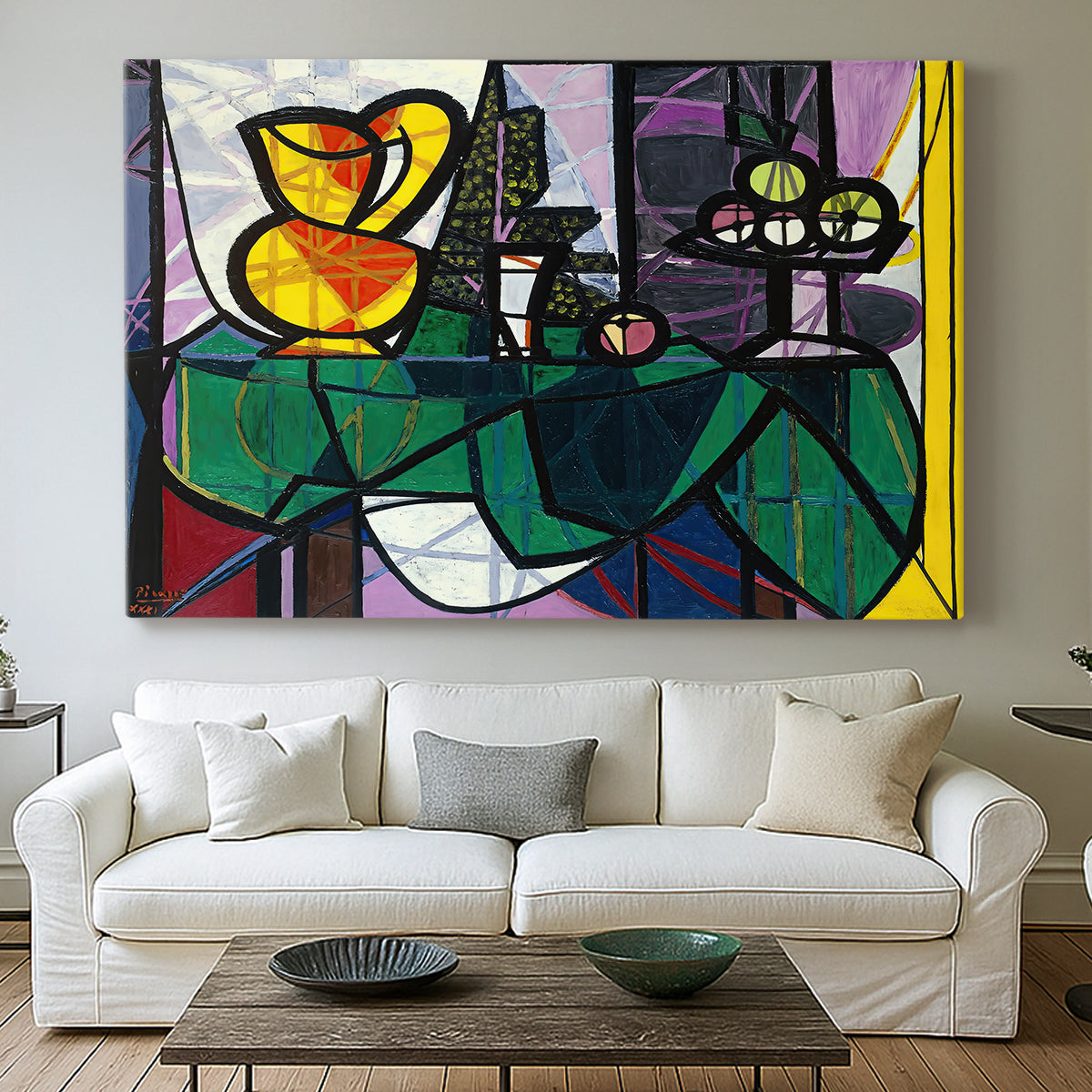Canvas art print detailing a stylized composition emphasizing balance, centered above a sofa as a large focal wall piece