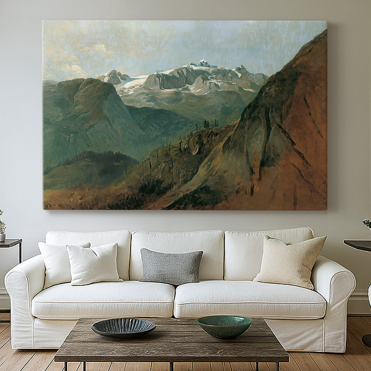 Canvas art print detailing a rugged terrain view, centered above a sofa as a large focal wall piece