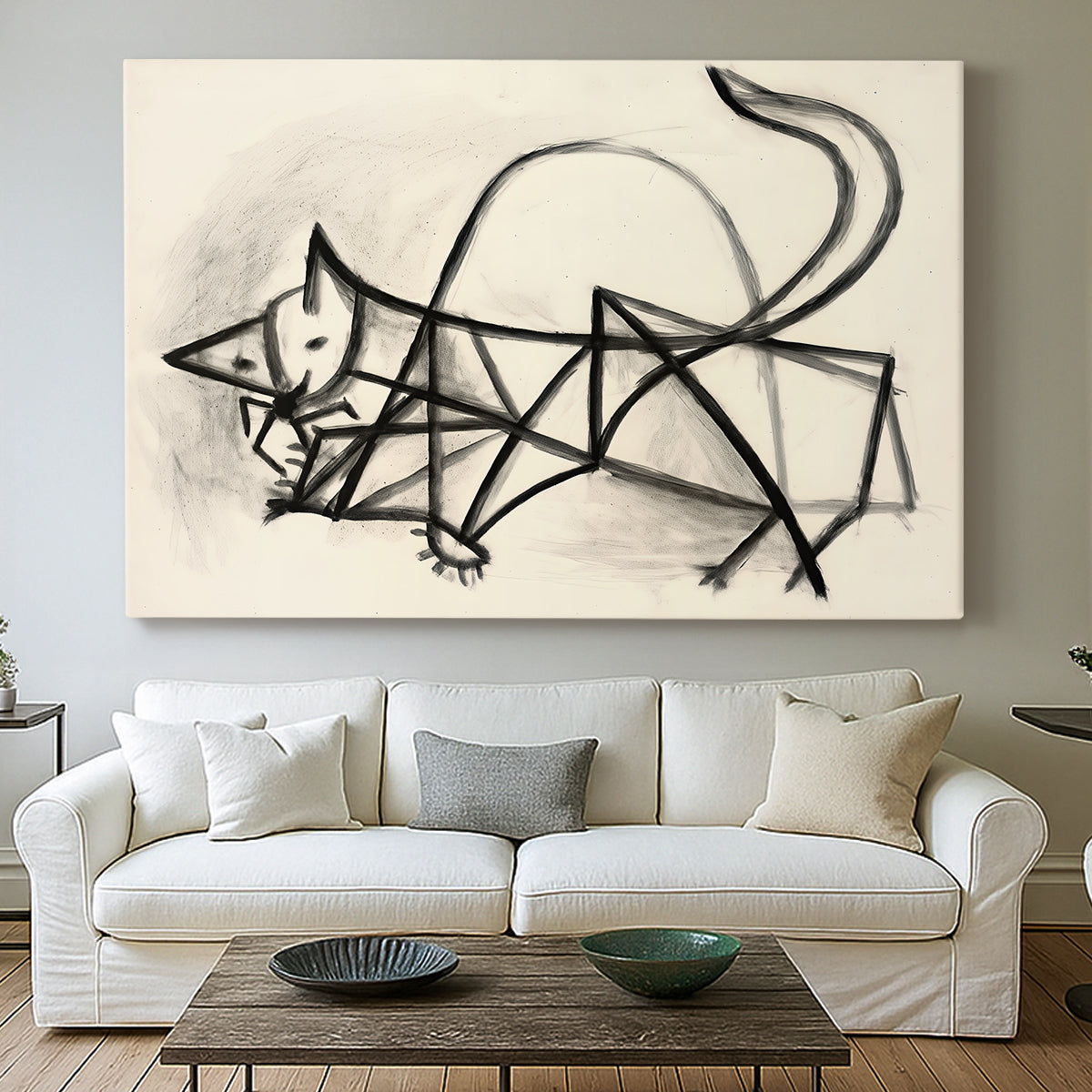 Canvas art print detailing an expressive drawing focusing on form, centered above a sofa as a large focal wall piece