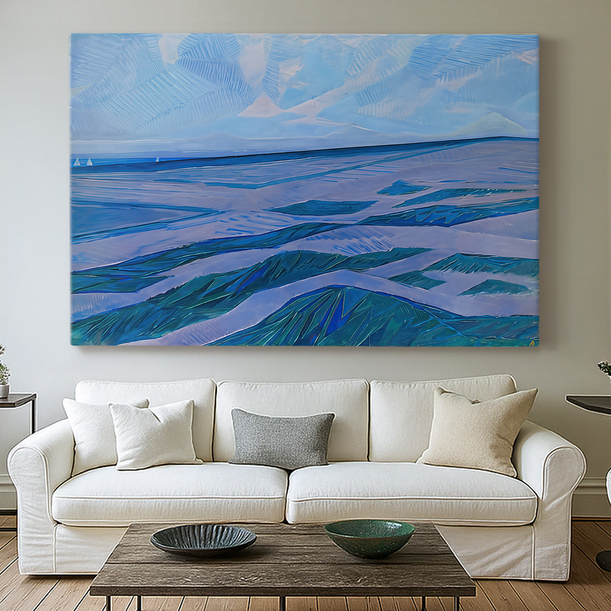 Canvas art print detailing a stylized coastal scene with layered horizontal composition, centered above a sofa as a large focal wall piece