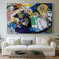 Canvas art print detailing a complex composition emphasizing color intensity and structure, centered above a sofa as a large focal wall piece
