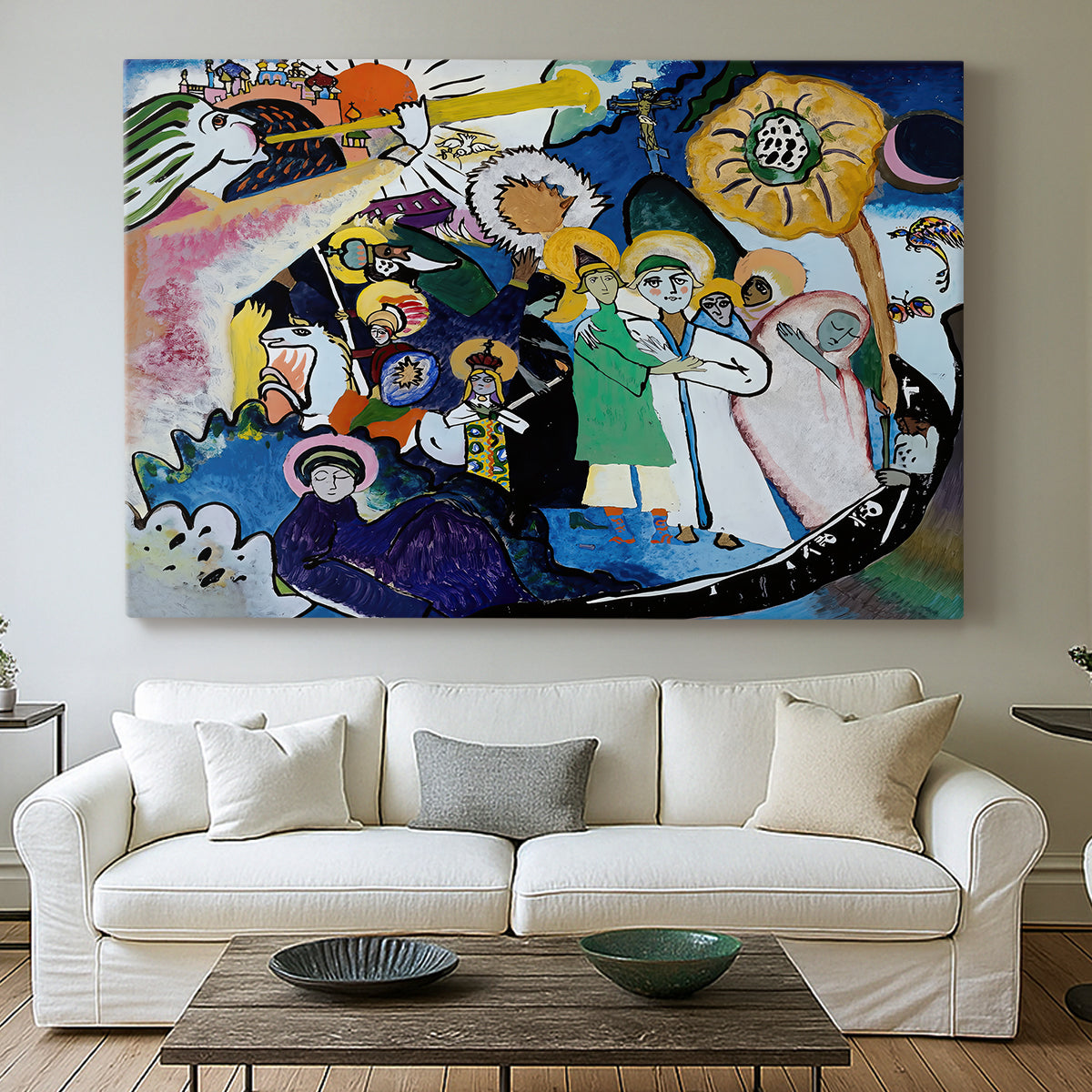 Canvas art print detailing a complex composition emphasizing color intensity and structure, centered above a sofa as a large focal wall piece
