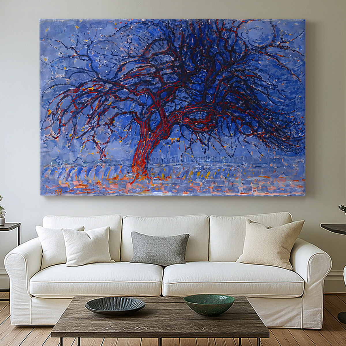 Canvas art print detailing an early modern depiction of tree using bold contrast, centered above a sofa as a large focal wall piece