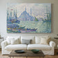 Canvas art print detailing a maritime composition, centered above a sofa as a large focal wall piece