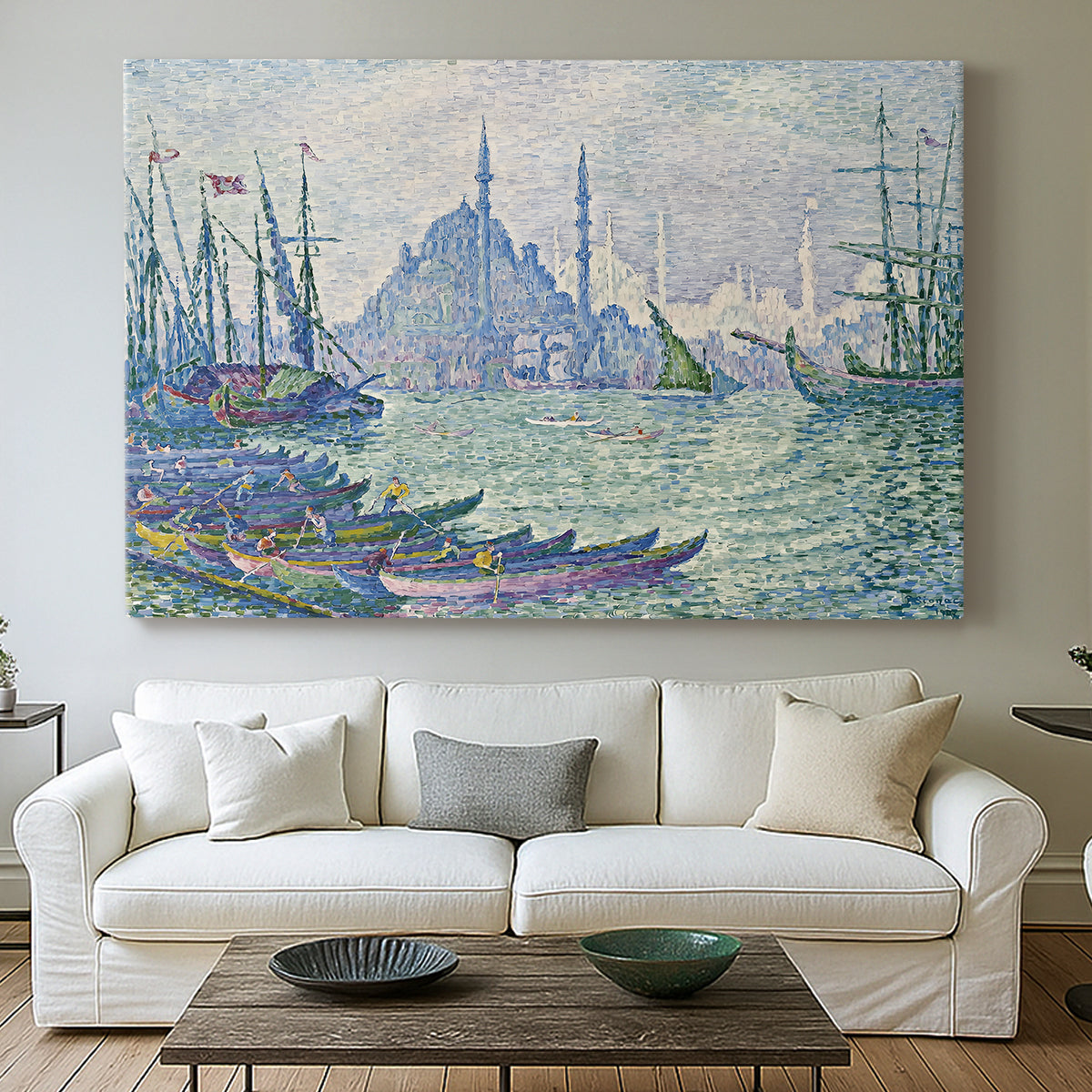 Canvas art print detailing a maritime composition, centered above a sofa as a large focal wall piece
