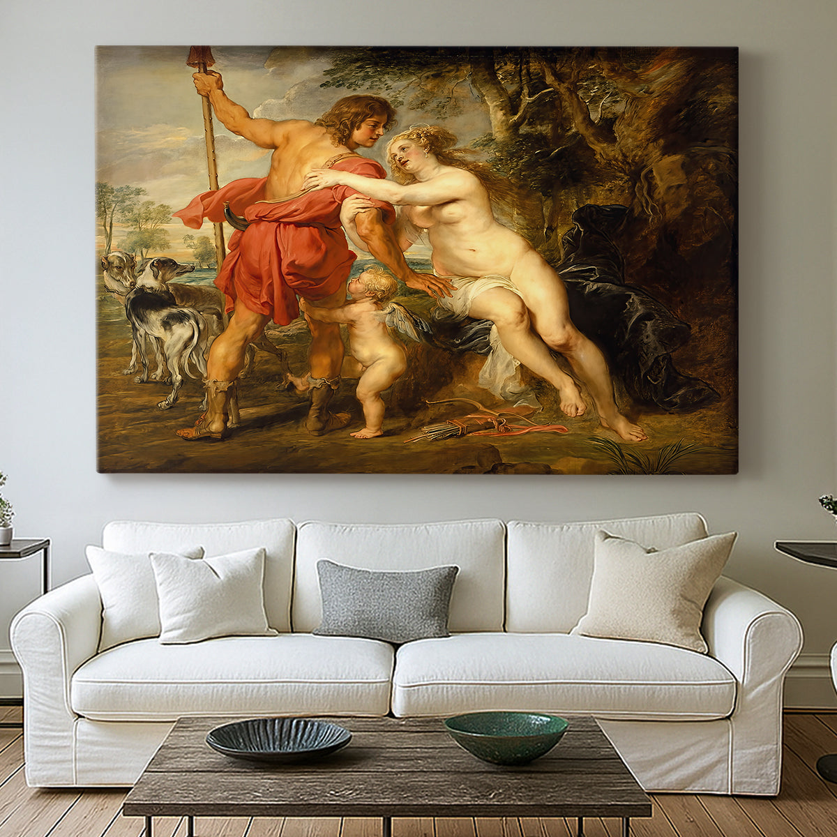 Canvas art print detailing an expressive depiction of mythological figures, centered above a sofa as a large focal wall piece