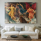 Canvas art print detailing a symbolic scene of airborne figures in chaotic movement, centered above a sofa as a large focal wall piece