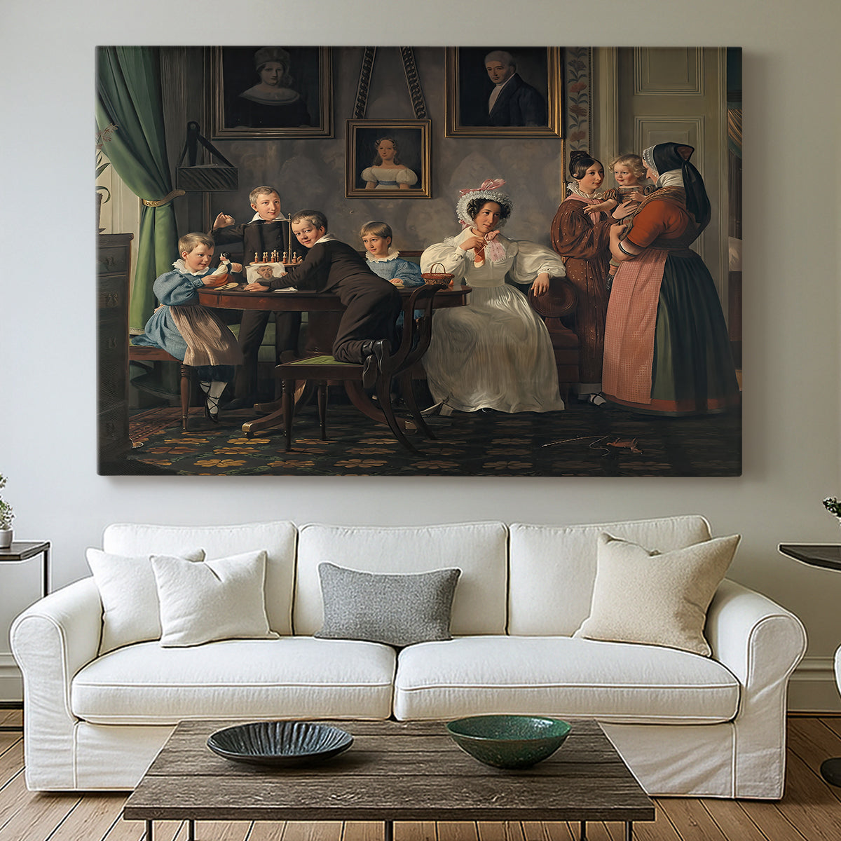Canvas art print detailing an interior group portrait with seated and standing figures, centered above a sofa as a large focal wall piece