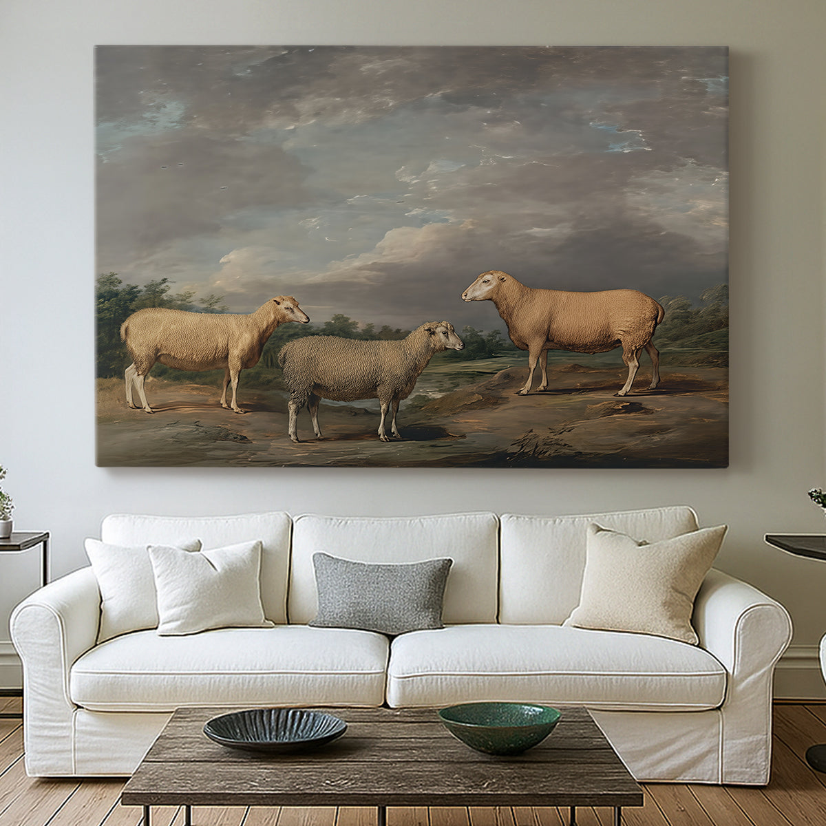 Canvas art print detailing a realistic depiction of sheep in countryside, centered above a sofa as a large focal wall piece