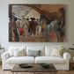 Canvas art print detailing a narrative moment showing preparation and anticipation, centered above a sofa as a large focal wall piece