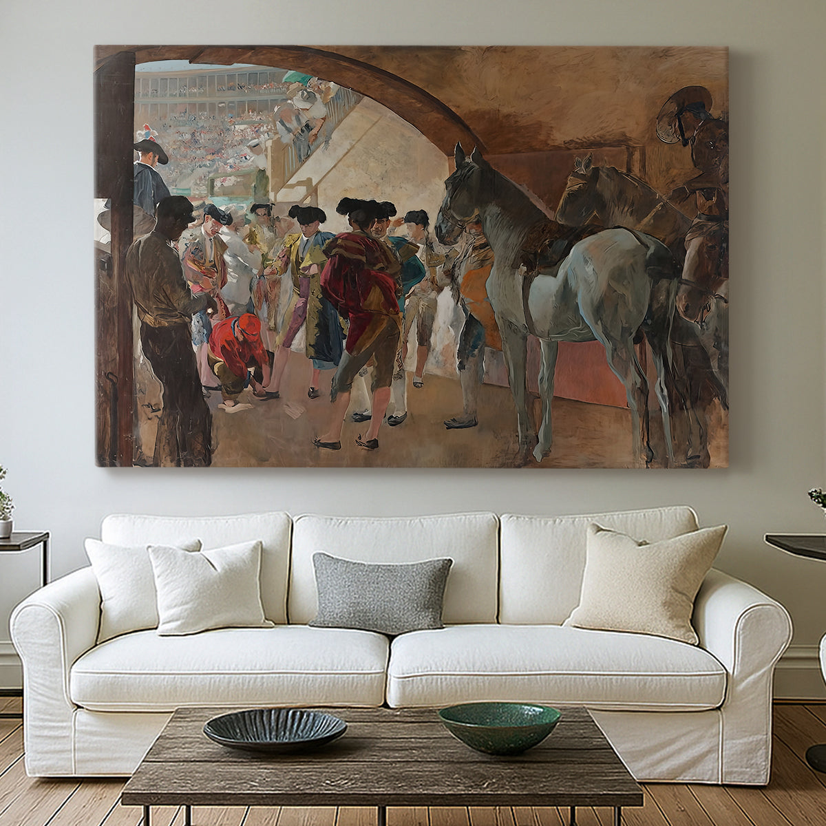 Canvas art print detailing a narrative moment showing preparation and anticipation, centered above a sofa as a large focal wall piece