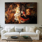 Canvas art print detailing a Baroque landscape with angel playing music for resting travelers, centered above a sofa as a large focal wall piece