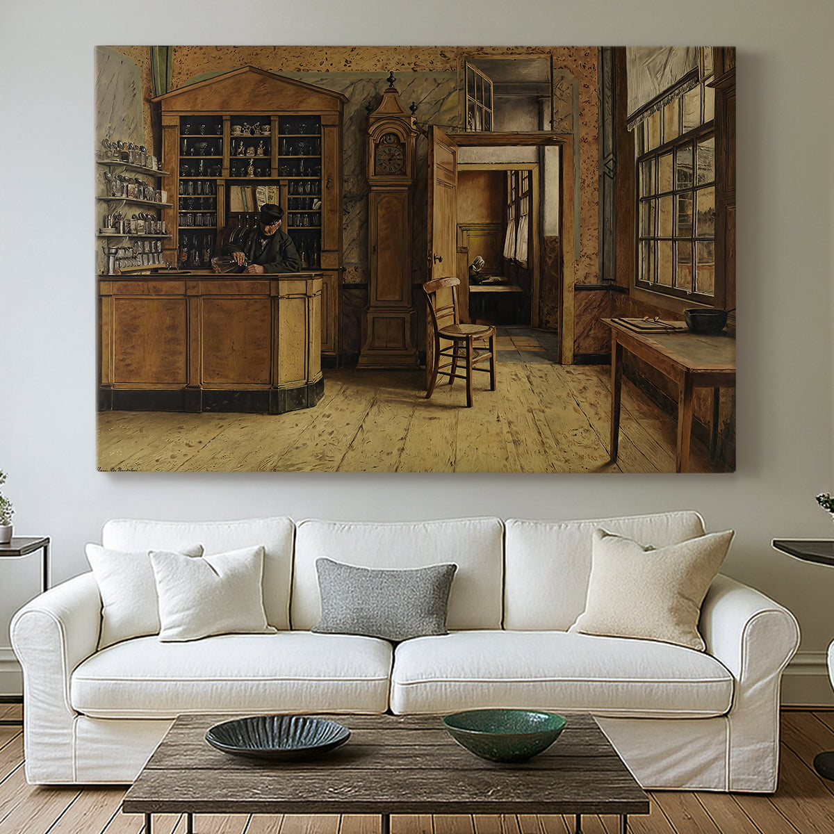 Canvas art print detailing an atmospheric interior with figure in historic inn environment, centered above a sofa as a large focal wall piece