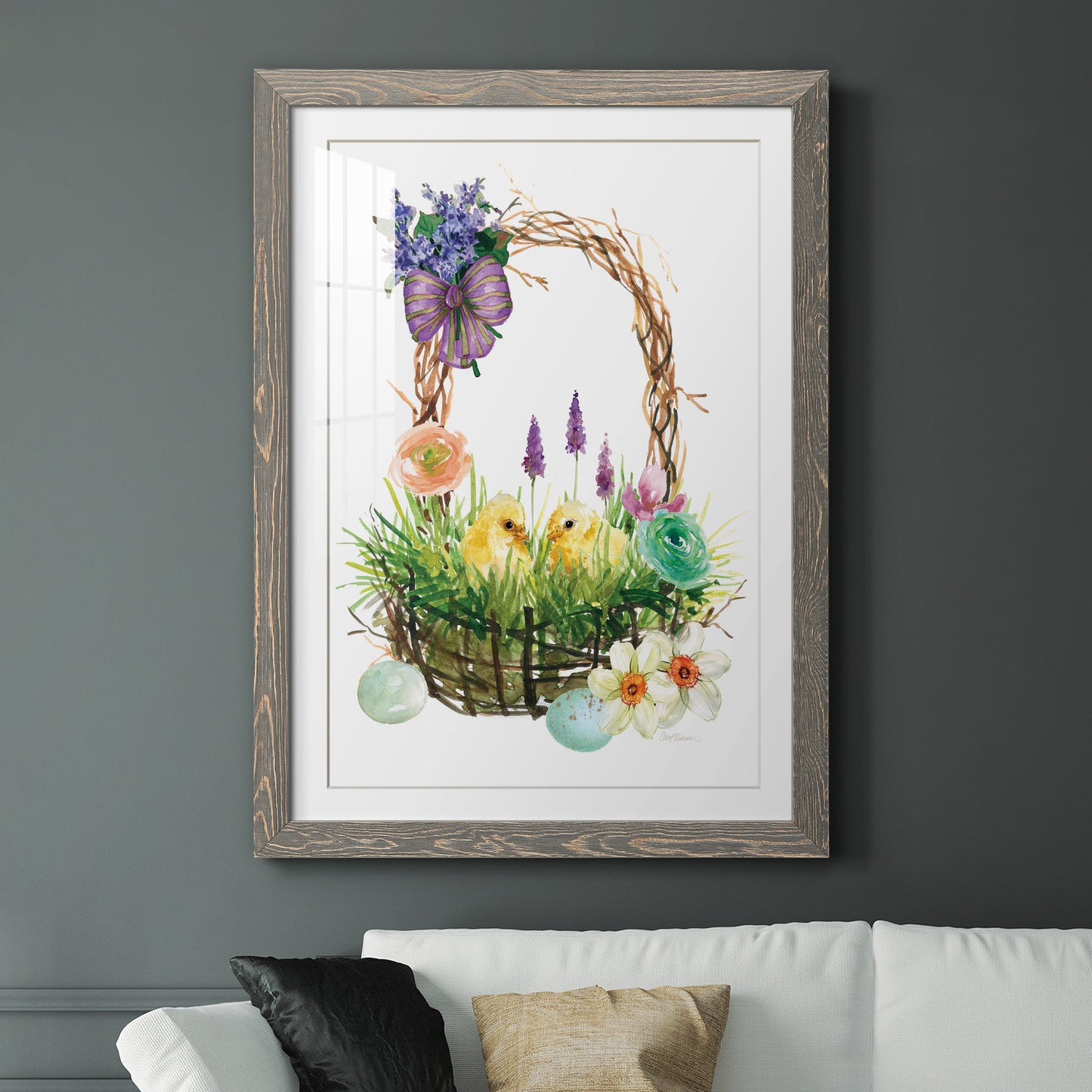 Spring Chick Basket - Premium Framed Print - Distressed Barnwood Frame - Ready to Hang