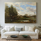 Canvas art print detailing a tranquil outdoor setting with washerwomen and river, centered above a sofa as a large focal wall piece